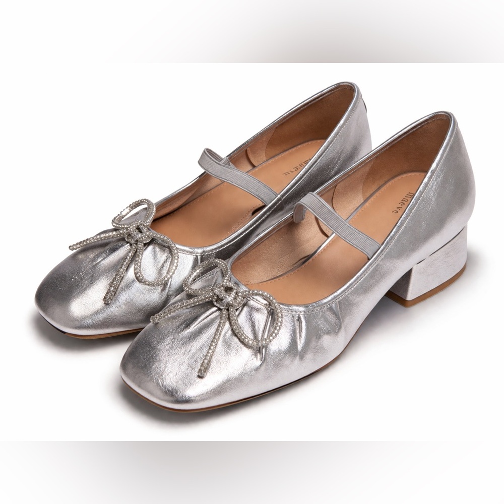 Maeve Anthropologie Silver Ballet Flats Mary Jane Bow Block Heel- Size 9